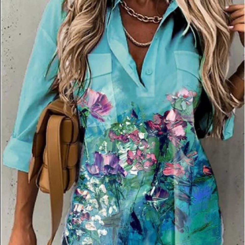 Women's Abstract Painting Print Long Sleeve Pocket Blouse • NWT